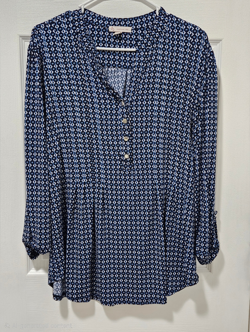 Dressbarn Navy and White Geometric Button-Front Tunic
